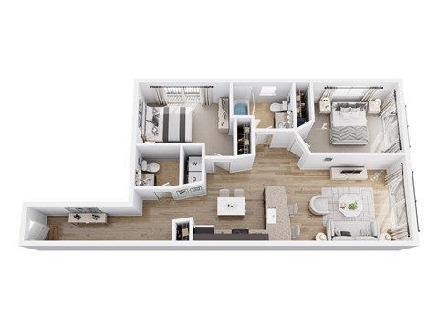 Floor plan for 2 beds, 1.5 baths, 989 sqft